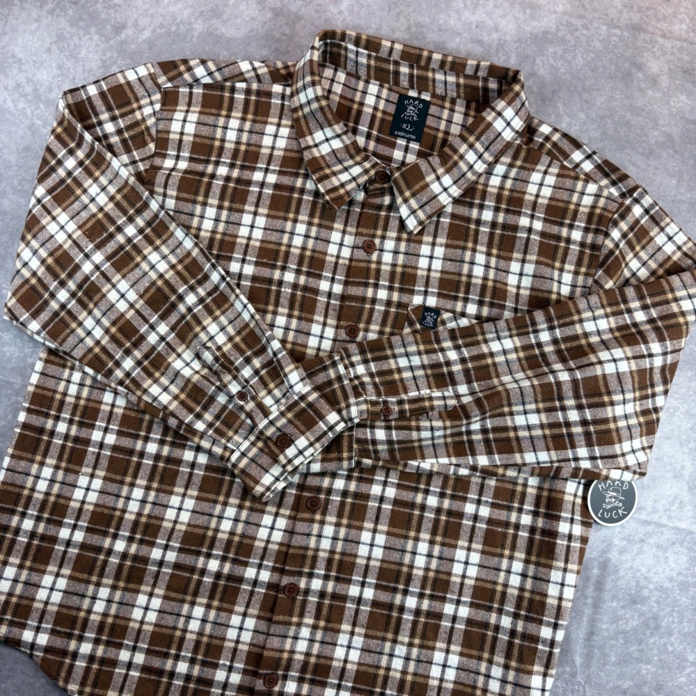 Hard Luck Flannel Shirt Mens XL Brown Plaid Button Up Skateboarding NEW